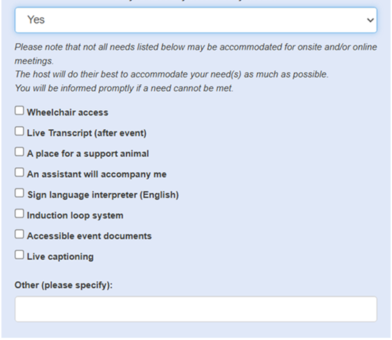 ETSI Portal screenshot: options displayed when Accessibility need is equal to YES